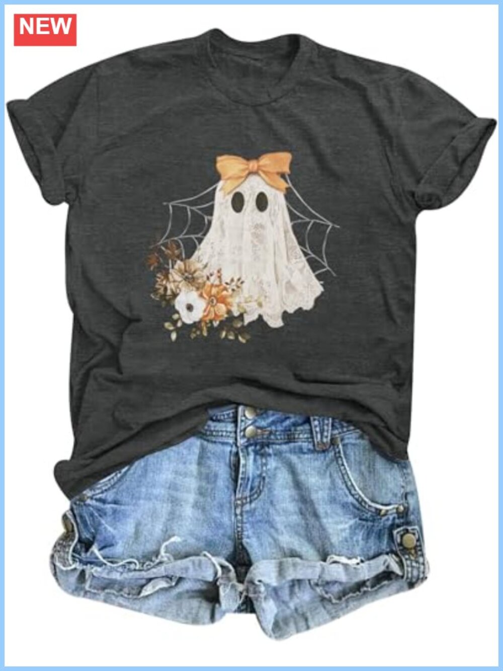 Women's Halloween Bow Ghost Graphic T-Shirt Short Sleeve Crew Neck